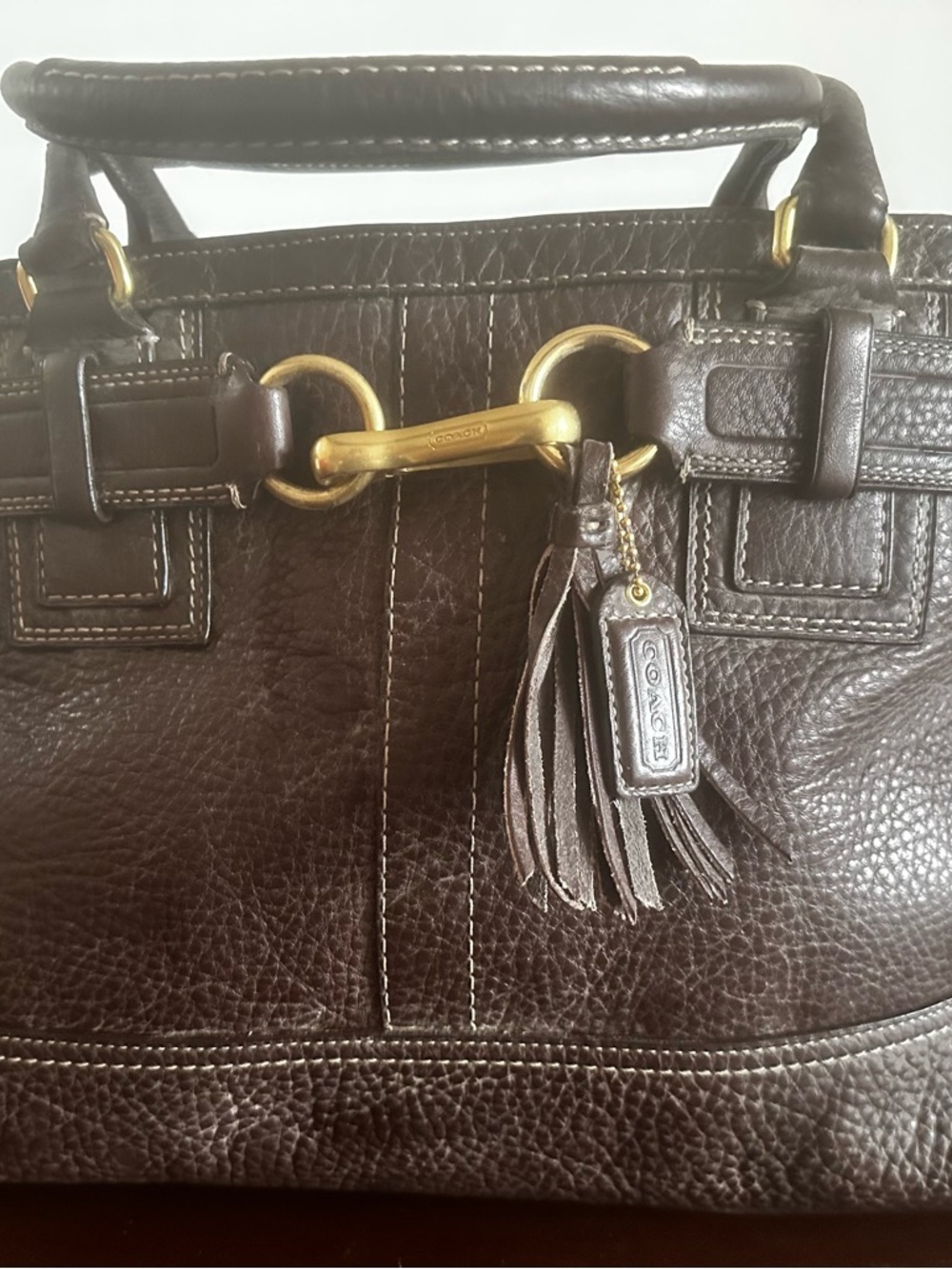 COACH Dark Brown Leather Satchel with Gold Hardware and Tassel Hampton